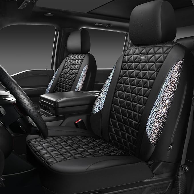CAR PASS Bling Diamond Leather Car Seat Covers Full Seats Interior Sets, Waterproof Shining Glitter Sparkly Crystal Universal Armrest Automotive Truck SUV Cute Women Girl, Black Multicolor Rhinestone
