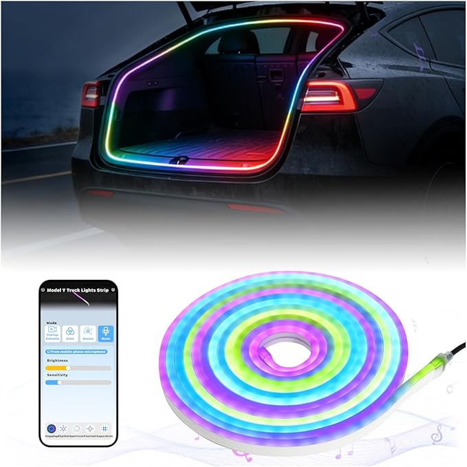 RGB LED Trunk Light Strips for Tesla Model Y & Juniper 2021-2026, APP Control Ambient Neon Trunk Lights with Magnetie Sensor, Auto On/Off, Music Sync, Waterproof Silicone, Plug & Play