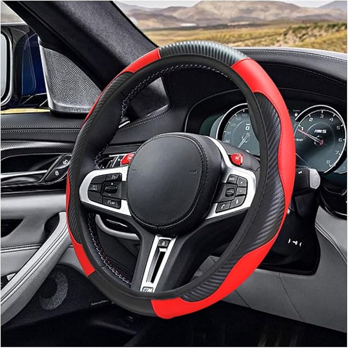Car Steering Wheel Cover, 15 Inch Carbon Fiber Leather Elastic Steering Wheel Protector, Anti-Slip, Breathable & Soft Car Interior Accessories Universal for Most Cars, Men & Women (Red)