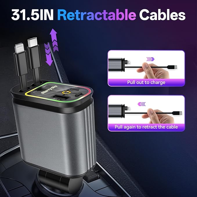 Retractable Car Charger, 4 in 1 Fast Charging Car Charger USB-C & USB-A Compatible with iPhone 16/15/14/13/12/11/X,Galaxy,Pixel