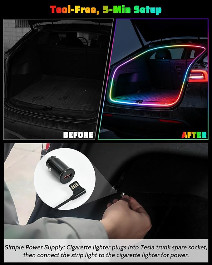 RGB LED Trunk Light Strips for Tesla Model Y & Juniper 2021-2026, APP Control Ambient Neon Trunk Lights with Magnetie Sensor, Auto On/Off, Music Sync, Waterproof Silicone, Plug & Play