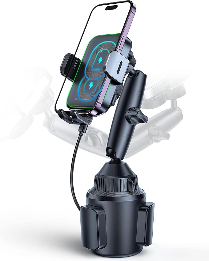 APPS2Car Dual Coil Wireless Car Charger Auto Clamping 15W Cup Holder Phone Wireless Charger Mount Fast Charge Tri-Pivots Height Adjustable Phone Holder Car Truck for iPhone 12-17, Samsung, LG, etc.