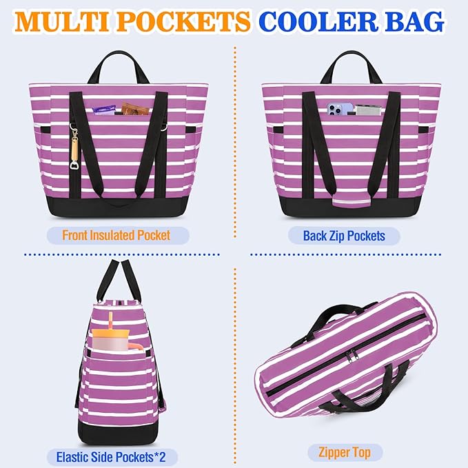 HUANLANG Soft Cooler Bag Insulated for Travel,Large Insulated Grocery Bags with Zippered Top,PEVA Collapsible Food Delivery Cooler Bag for Beach, Travel, Picnics