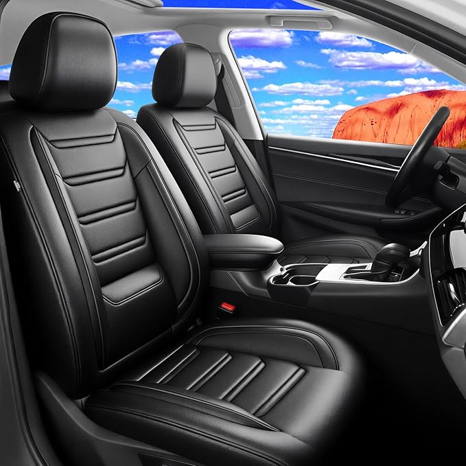 Fit CX-5 Car Seat Covers (Front Pair) for Select Mazda CX5 2013-2024 2025 2026 - Premium Full Coverage Leather, Airbag Compatible, Waterproof & All Weather Seat Cushion Protector, Black