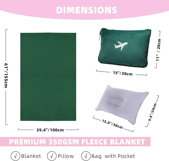 3 in 1 Travel Blanket Pillow Set - 350 GSM Thick Travel Blanket Airplane Compact with Bag, Soft Bag with a Pocket, Inflatable Travel Pillow for Camping & Car Trip (Dark Green)