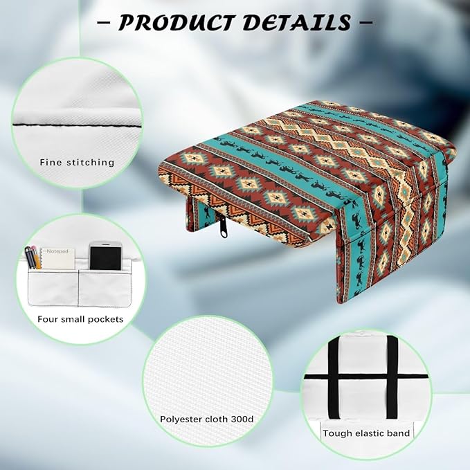 Armrest Cover Center Console Pad for Cars with Pockets, Aztec Horse Cars Interior Accessories for Women Men, Armrest Protector Fit Most Auto Vehicle, SUV, Truck Arm Rest Box