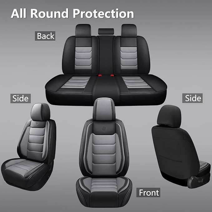 Full Coverage Faux Leather Car Seat Covers Full Set,Automotive Seat Covers for Cars,SUVs Pick-up Truck, Car Seat Cushion, Black and Grey Seat Covers for 5 Seats