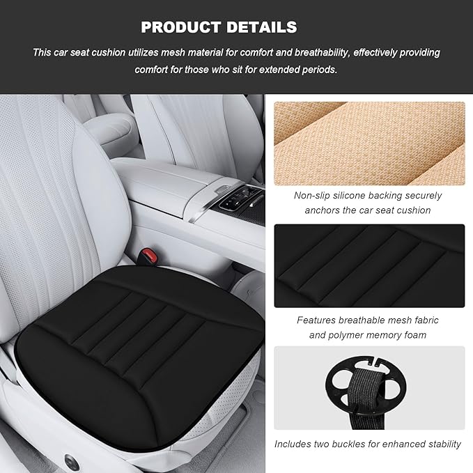 Car Seat Cushion, Breathable Driver Seat Protector with 1.2" Thick Comfortable Memory Foam, Universal Non-Slip Chair Pillow Pressure Relief Cushion Pad for Car Home Office (Black)
