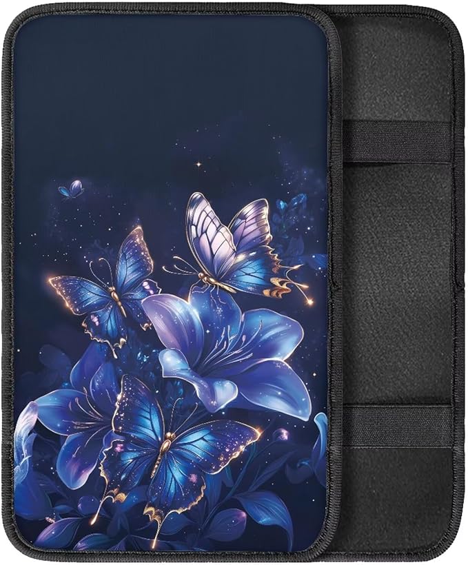 Blue Purple Butterfly Car Armrest Storage Box Mat Car Center Console Cover Car Armrest Seat Box Cover for Most Vehicle, SUV, Truck Car Decors