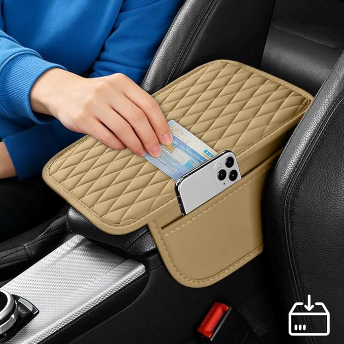 Car Armrest Cushion Pad, Leather Vehicle Center Console Cover with 2 Storage Bags, Non-Slip Automotive Interior Arm Rest Seat Box Cover Accessories, Universal for SUV RV Sedan (Beige)
