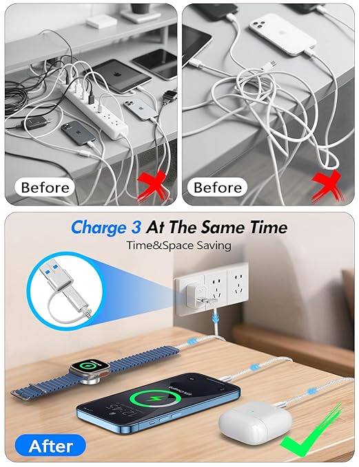 Travel Essentials for Apple Watch Charger,iPhone Charger,3 in 2 Type C/L/Magnetic Fast Charging Cable,Multi Charging Cable Portable Designed for iWatch Series,iPhone 17-11,Galaxy S26-S21,Car-6FT