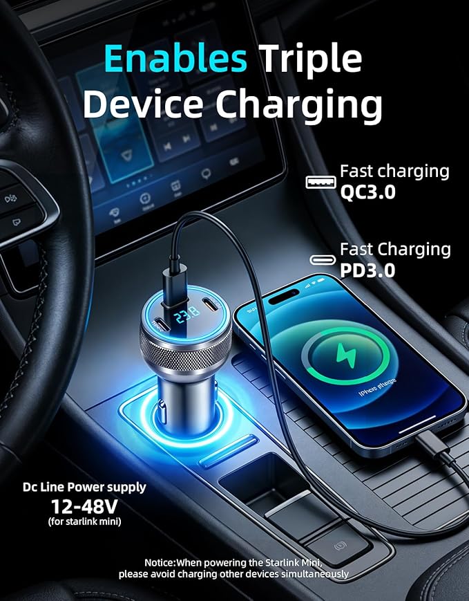 Starlink Mini Cable, 4-in-1 Starlink Mini Car Charger DC Power Cable + 12V-24V Cigarette Lighter Adapter with Digital Display, USB-C PD 45W and Dual USB-A 35W Ports for Cars, Suitable for Cars (10FT)