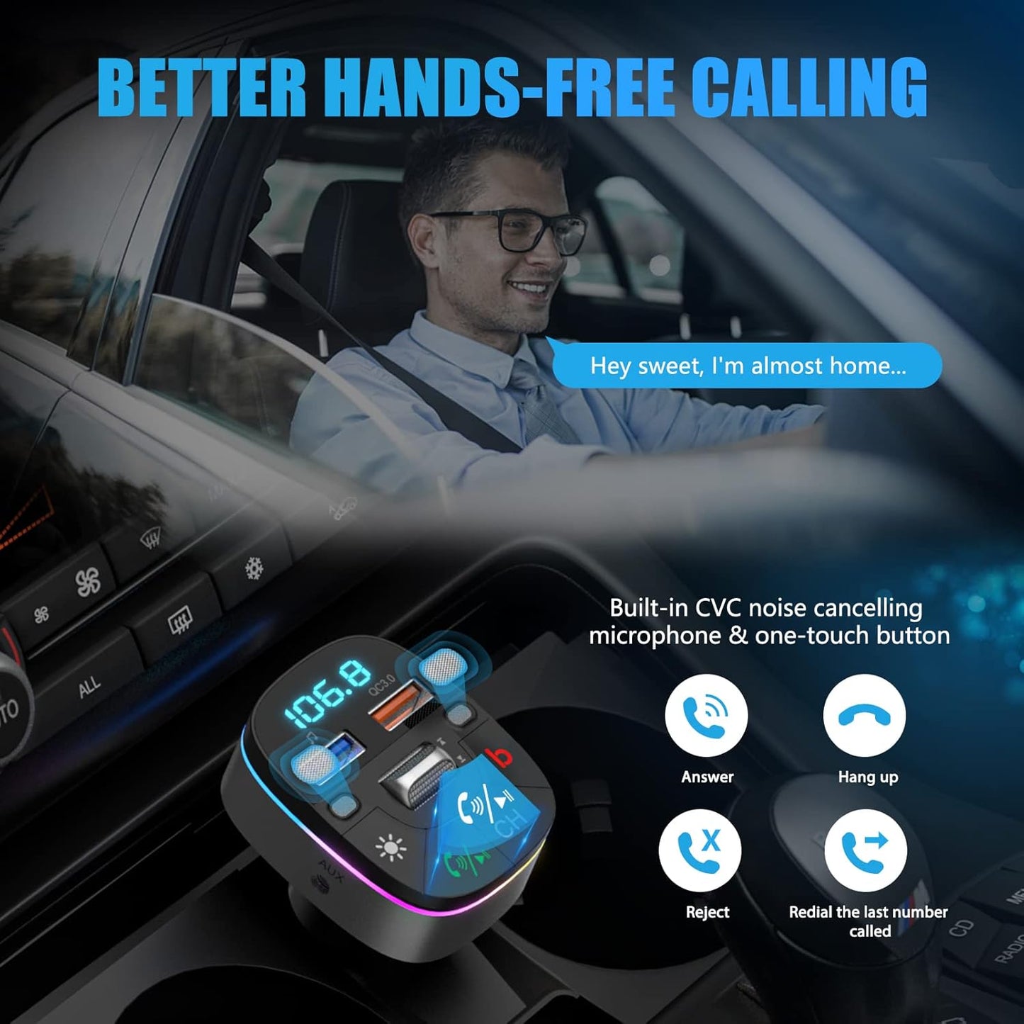 LENCENT Bluetooth Car Adapter, 5.0 Car FM Transmitter with QC3.0 Charger, AUX Bluetooth Radio Music, Wireless Dual Mics, Bass Sound, Cigarette Lighter, & HandsFree, Supports Siri & Google Assistant