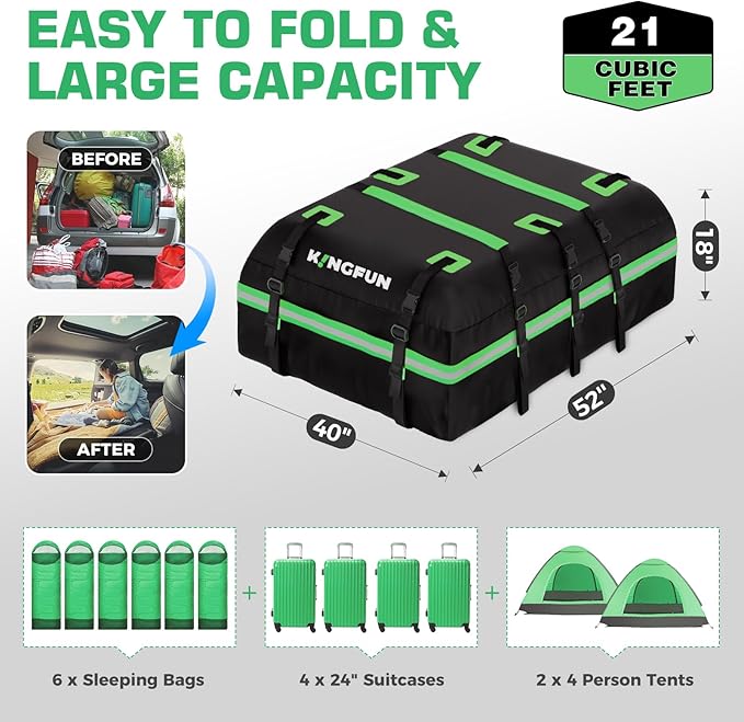 Car Rooftop Cargo Carrier Bag, Waterproof 21 Cubic Feet Car Roof Luggage Carrier for All Vechicles with/Without Racks, Includes Anti-Slip Mat, 8 Reinforced Straps, 6 Door Hooks, Luggage Locks (Green)