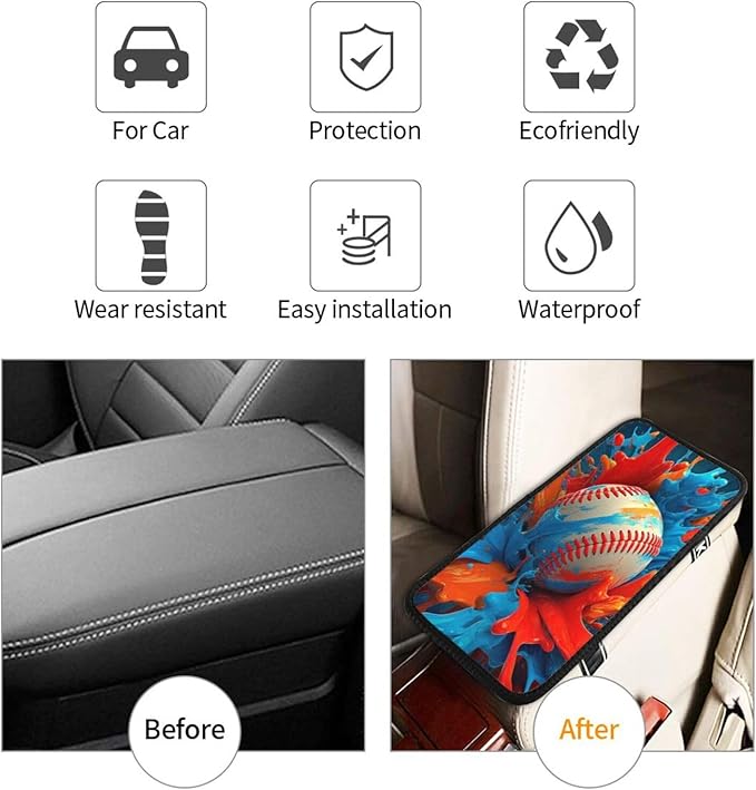 Universal Car Center Console Cushion Pad, Colorful Baseball Soft Waterproof Car Center Console Cover Auto Armrest Seat Box Cover Protector for Most Vehicle SUV Truck Car
