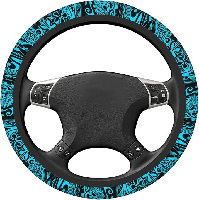 Hawaiian Polynesian Teal Tribal Car Steering Wheel Cover for Women Men 14-15 Inch Stretch Cloth Anti-Slip Wrap Protector Case Fit Universal Auto Accessories Decor Sweat Absorption