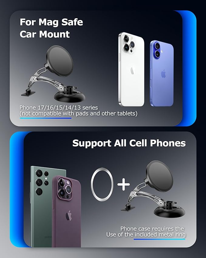 ZBF Magnetic Phone Holder for iPhone MagSafe Car Mount, Vacuum 360°Adjustable Car Phone Holder（Dashboard & Windshield） Magnet Cell Phone Holder Mount for iPhone 17/16/15/14/13 Android Galaxy