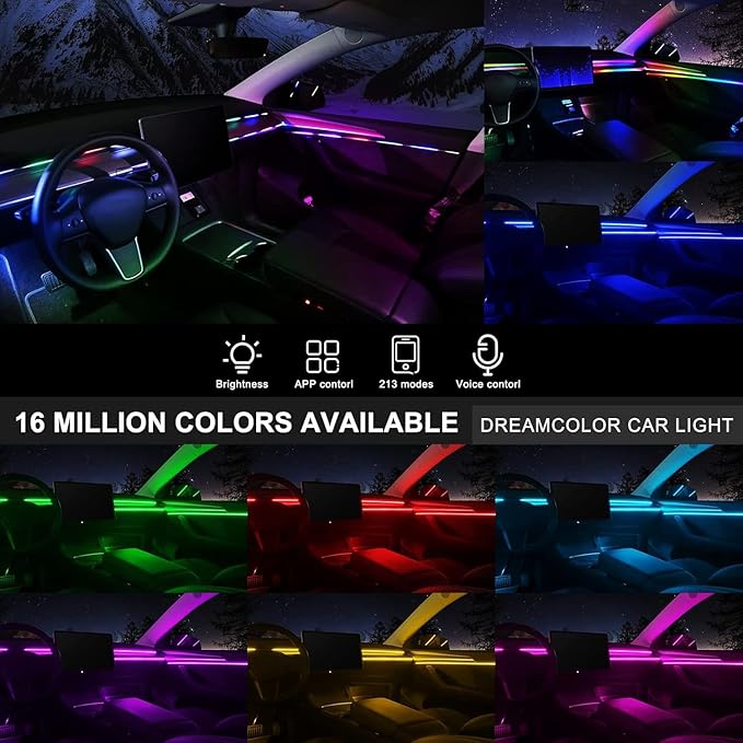 Dreamcolor Acrylic Interior Car LED Strip Light with USB/Type C, RGB 6 in 1 with 179.24 Inch LEDs Strip, Dynamic Chasing Music Sync Neon Ambient Lighting Kits