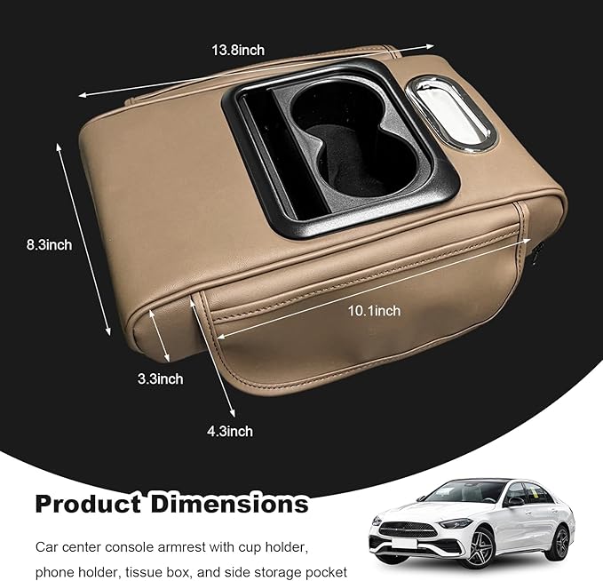 Car Center Console Armrest Pillow, Multifunctional Armrest Box Cover with Cup Phone Tissue Holder & Side Pockets, Waterproof Leather Middle Console Cushion for Most Vehicles (Beige, Normal)