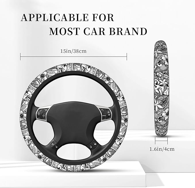 Hawaiian Polynesian Tribal Tatoo Car Steering Wheel Cover for Women Men 14-15 Inch Stretch Cloth Anti-Slip Wrap Protector Case Fit Universal Auto Accessories Decor Sweat Absorption