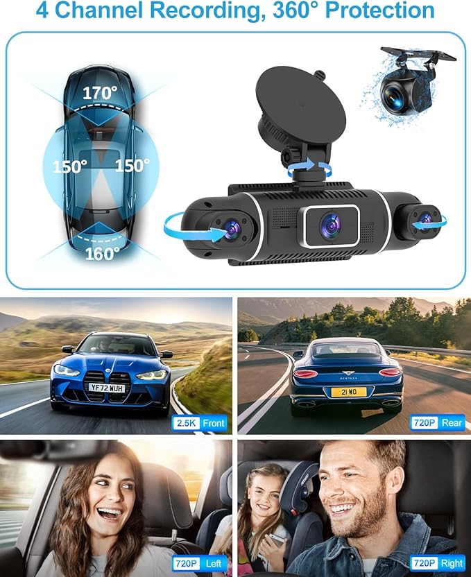 4 Channel Dash Cam Front and Rear Inside Left Right, 360° Dash Camera with 5GHz WiFi & App Control, 24H Parking Monitor, Super Night Vision, G-Sensor, Loop Recording, 64GB SD Card Included