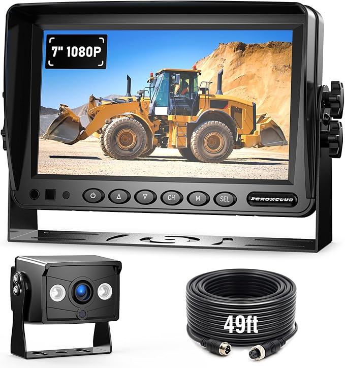 ZEROXCLUB 7" 1080P Wired Rear View Backup Camera System, Dual Split Screen IP69K Waterproof Reverse Camera, Vibration-Proof 10G for Tractor, Truck, Trailer, Combine, Heavy Equipment, BH701