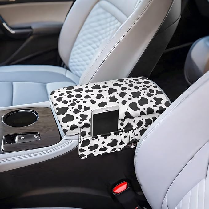 Tupalatus Black Cow Print Center Console Cover with Storage Pockets Car Center Console Replacement Easy Installation Armrest Pad for Cars Water-Resistant Fit for Most Cars, SUVs