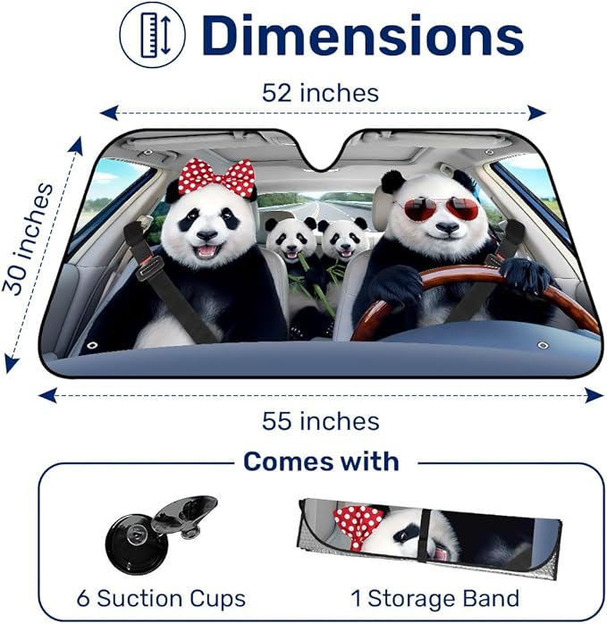 GENANY Panda Windshield Sun Shade for Car SUV Truck (55x30 Inches), Front Window Visor for Windows, Protector Blocks UV