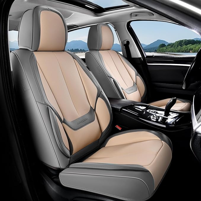 Coverado Seat Covers, Car Seat Covers Front Seats, Leather Seat Covers for Cars, Car Seat Protector Waterproof, Gray Car Seat Cushion, Front Carseat Cover Universal Fit for Most Cars Beige