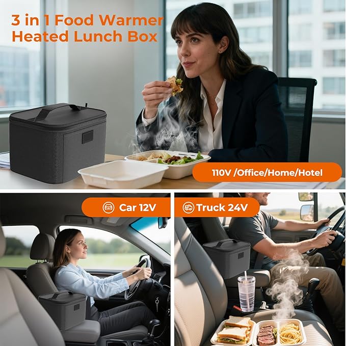 Portable Electric Lunch Box Food Heater,12V/24V/110V 3-in-1 Food Warmer Box, Mini Portable Oven Car Food Warmer, Heated Lunch Bag for Adults Office Travel Work Truck Meal Reheating