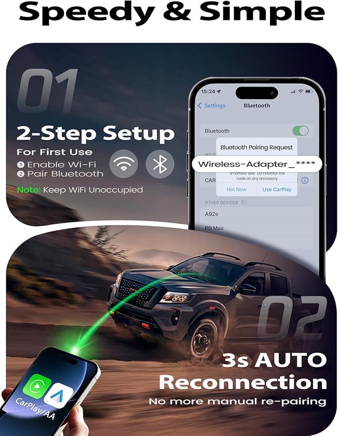 Wireless CarPlay Adapter for Apple iPhone -1 Click Switch for 2 Phones, Plug & Play, Converts Wired to Wireless Car Play Dongle, No Lag, Fast Stable for Cars 2016+ with Apple CarPlay & Android Auto