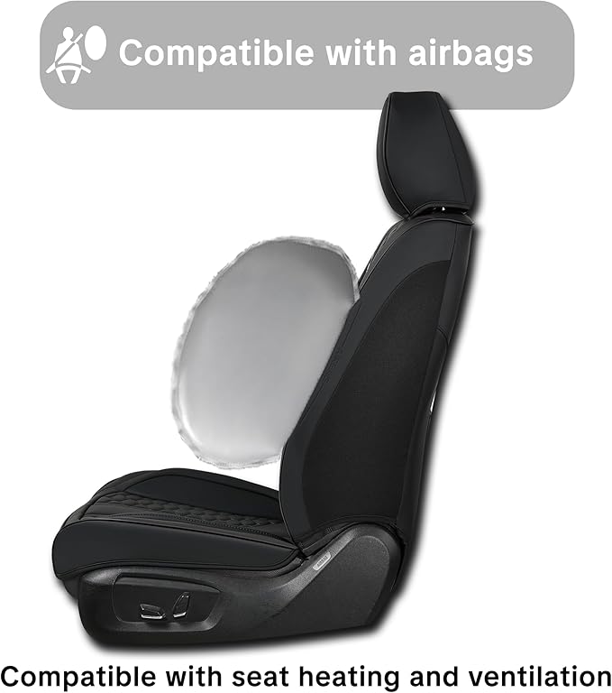 Black Leather Car Seat Covers - Luxury Waterproof Car Seat Covers with Lumbar Support, Non-Slip Base, and Airbag Compatibility; Suitable for Sedans, Suvs, and Pickups.