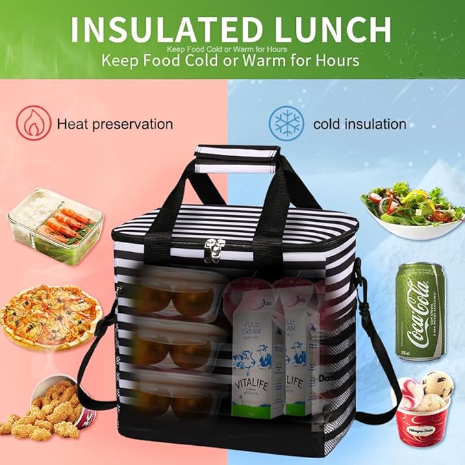 Iknoe Large Cooler Bag Collapsible 24 Can Insulated Bags Leakproof Lunch Cooler Tote with Multi-Pockets for Adult Insulated Thermal Bag for Beach, Picnic, Office Work(Stripe)