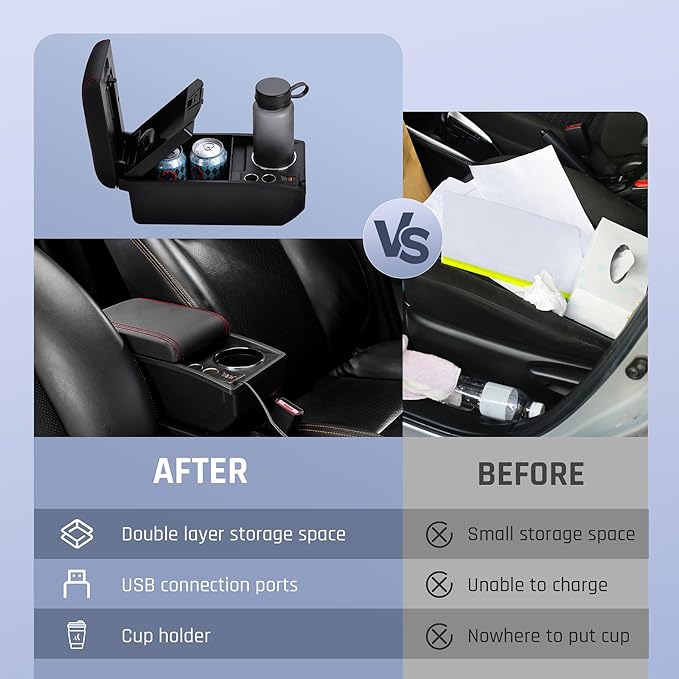YJYWZH Car Armrest Box Fit for Ford Fiesta 3 2011-2019 MK7 Accessories Center Console Cup Holder Double Layer Storage Organizer Box with 2 USB Fast Charging Ports, Red Stitches