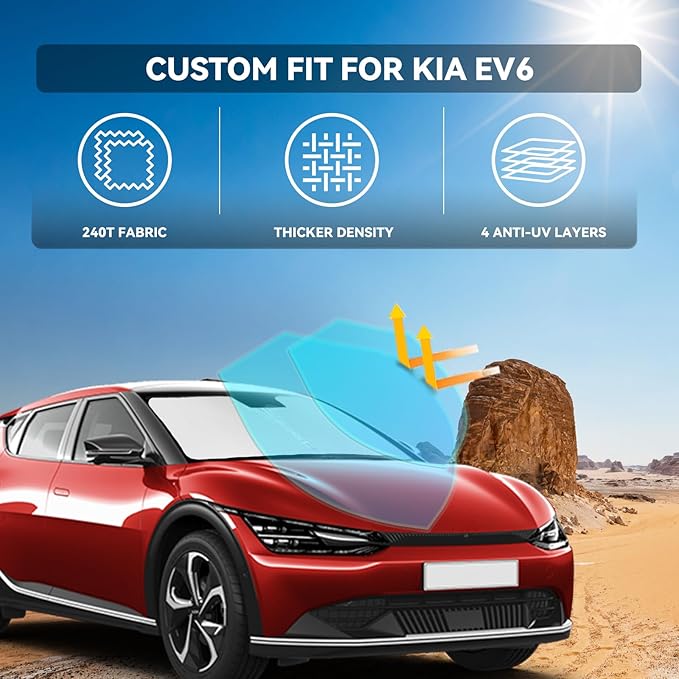 for Kia EV6 2022-2025 2026 Windshield Sun Shade - 4 Layers Car Sunshades for Front Windows Shade Cover Custom Fit EV6 Sun Visor 250T Retractable Shade Blocks UV Rays Car Accessories