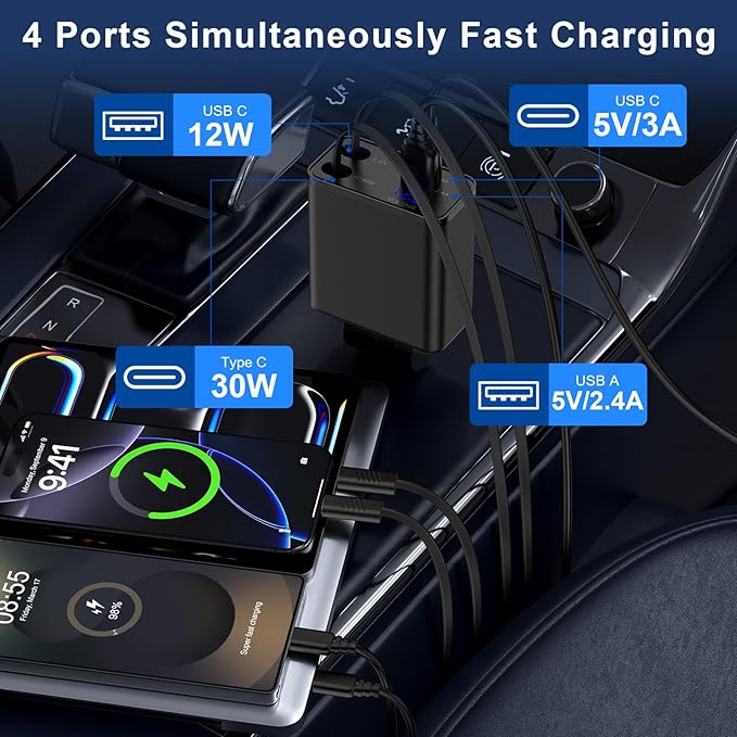 Retractable Type C Fast Car Charger,45W 4-Port USB C & USB A Car Phone Charger Adapter with 31.5 Inch Retractable USB C Cable for iPhone 17 Pro Max/16e/16 Samsung Galaxy A17/A16/A15/S25 Ultra Pixel 10
