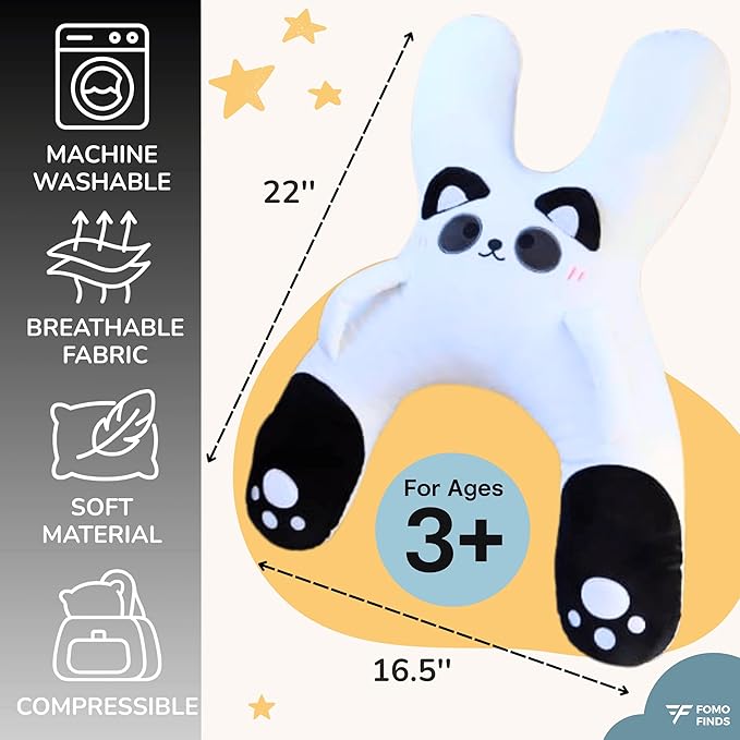 Kids Car Sleeping Pillow - X-Shaped Plush Animal for Neck & Back Support - Hands & Seat Belt Slot - Machine Washable & Compressible - Perfect for Car, Plane, Train, Boat & More - White