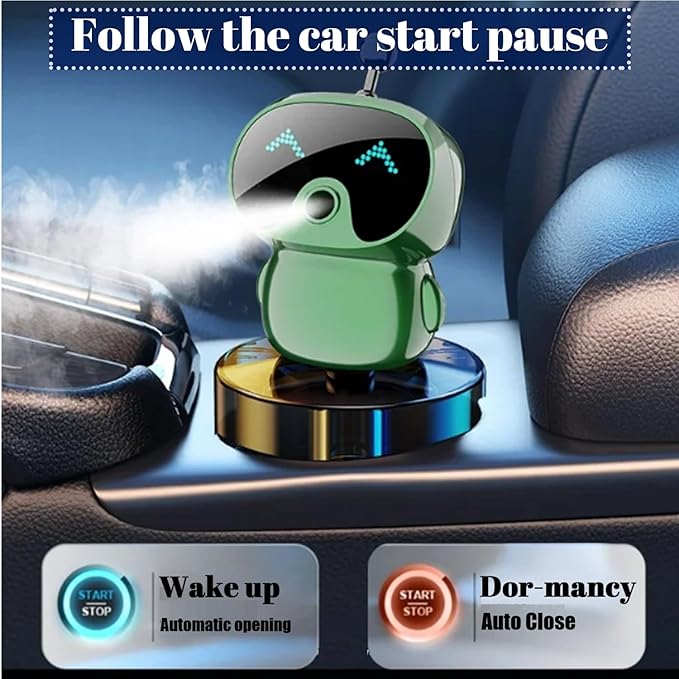 Robot Intelligent Aromatherapy Machine, Smart Cute Robot Car Air Freshener, Fine Spray/Fillable/Four-Gear Adjustment/Vibration Sensing/On-Off/Large Capacity Long-Lasting Fragrance/V1 (Green, Gardenia)