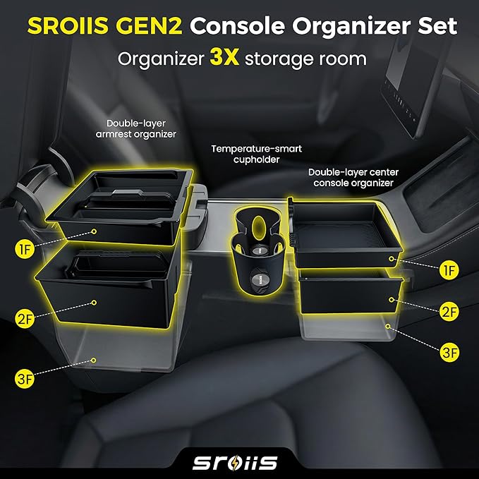 Sroiis® Gen 2 Double-Layer Center Console Organizer Set for Tesla Model Y Juniper Accessories (2025 2026) True 2-Tier Storage System [ Upper Tray + Hidden Lower Compartment ] - 3PCS Jet Black
