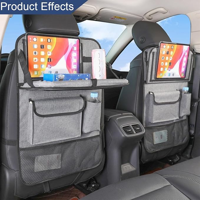 Car Backseat Organizer with Foldable Table Tray, 6 Storage Pocket Vehicle Seat Back Protector Kick Mat with Touch Screen Phone Holder, Auto Seat Organizer for Travel, Universal Fit (Grey)