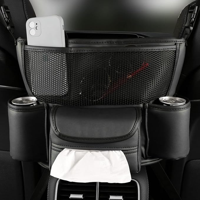 Car Pocket Handbag Holder - Leather Seat Back Organizer Barrier for Backseat Pet & Kids (Black with Tissue Box)