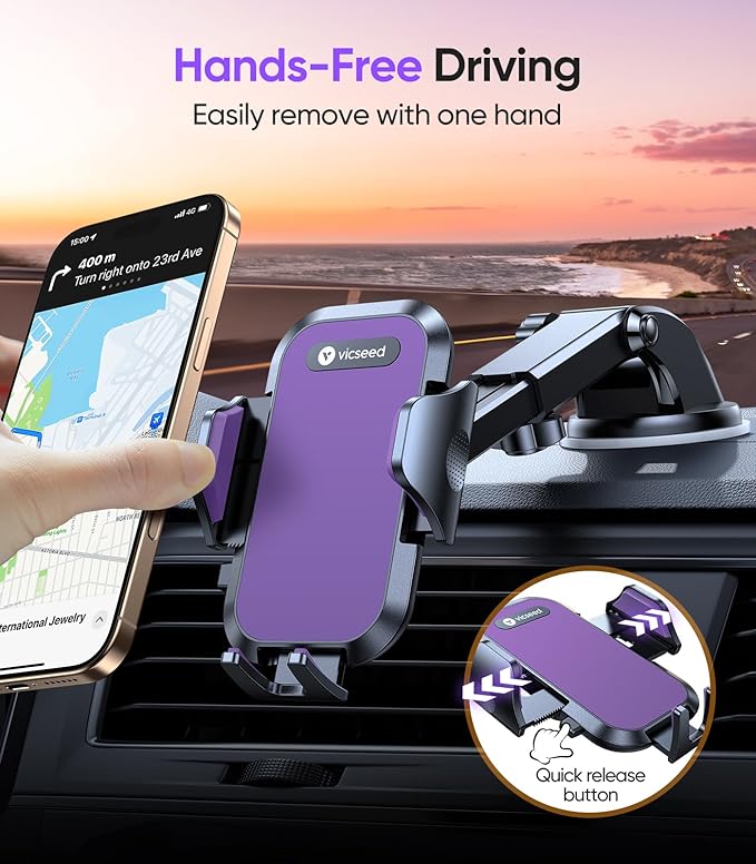 VICSEED Purple Phone Holders for Your Car [Upgraded True Military-Grade Strongest Suction] Cell Phone Mount for Car Dashboard Windshield Vent Truck Boat Stand Adjustable for iPhone Android