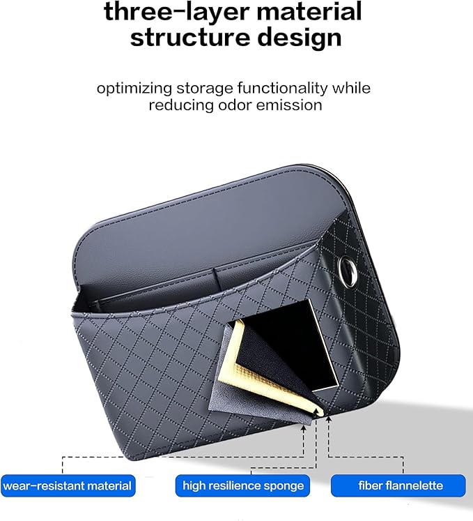 Self-Adhesive Car Seat Side Pocket Organizer with Cable Port - Black PU Leather Storage Pouch for Phone & Keys, Fits Gaps, Console & Door （Glossy Black）