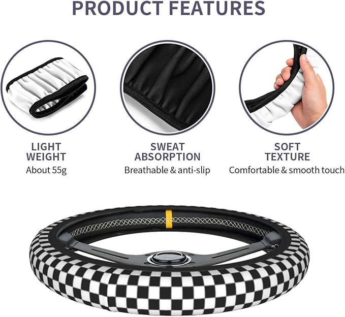 Black and White Checkered Steering Wheel Cover Wheel Cover Anti-Slip Breathable Universal for 15 Inch Car Steering Wheel Cover with 2 Pieces Car Coasters Suitable for Men Women