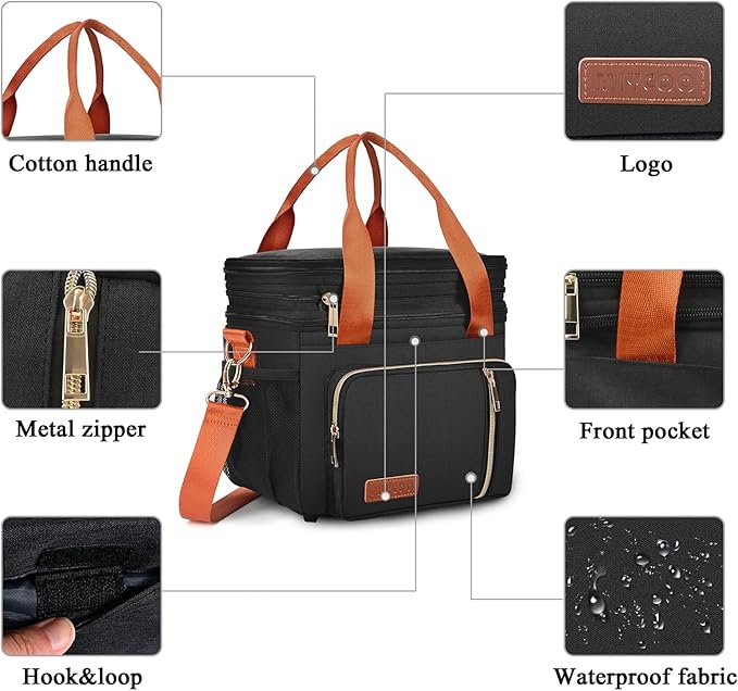 MIYCOO Lunch Bag & Lunch Box for Women Men, Double Deck Leakproof Insulated Soft Large Adult Camping Cooler bag for Work, Beach, Picnic, Travel (Black Orange, 15L)