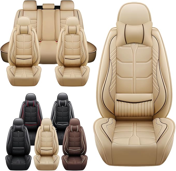 Leather Car Seat Covers Fit for Toyota RAV4 EV 2012-2013, 5 Seater Car Seat Cover, Premium Waterproof, Scratch Resistant Car Interior Accessories (Full Set with Pillow Beige)