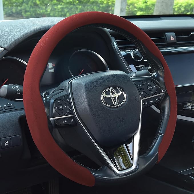 Suede Steering Wheel Cover, Universal 15 Inch Car Steering Wheel Cover, Non-Slip Design,Breathable,Car Interior Accessories Bordeaux Red