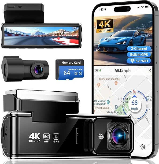 4K Dual Dash Cam Front and Rear, 2 Channel Car Camera with Built-in GPS 5.8GHz WiFi, 3.5" IPS Screen, 64GB Card Included, 170° Wide Angle, Night Vision, 24H Parking Monitor for Cars