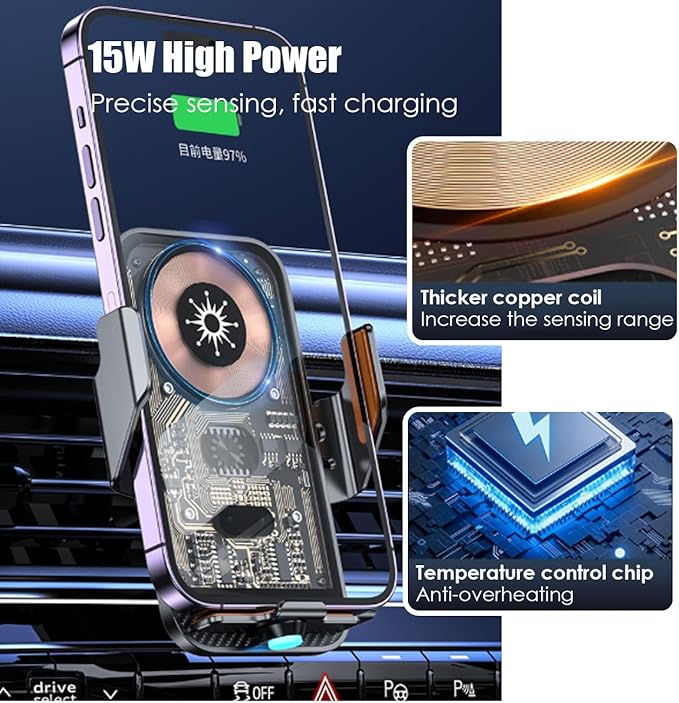 Transparent Wireless Car Charger, Smart 15W Fast Magnetic Charging, Auto-Clamping Wireless Charging Mount, Stable Car Cell Phone Holder Suitable for Magnetically Chargeable Smartphones (Gold)