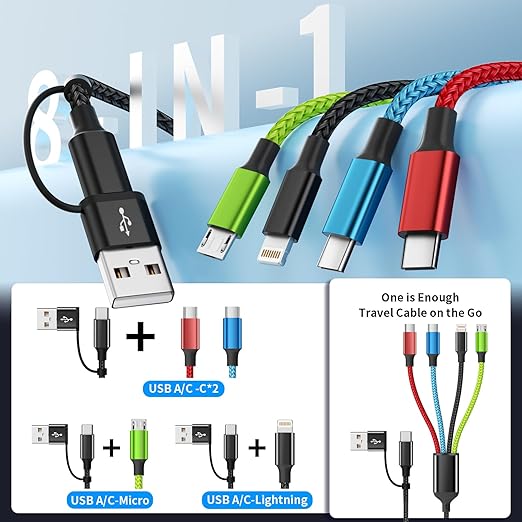Travel Essentials 4 in 2 Multi Charging Cable, USB A/C Charging Cords with Dual Type-C, USB Cable Phone Charger Compatible with Most Cell Phones/Tablets and More (2Pack, 5FT)